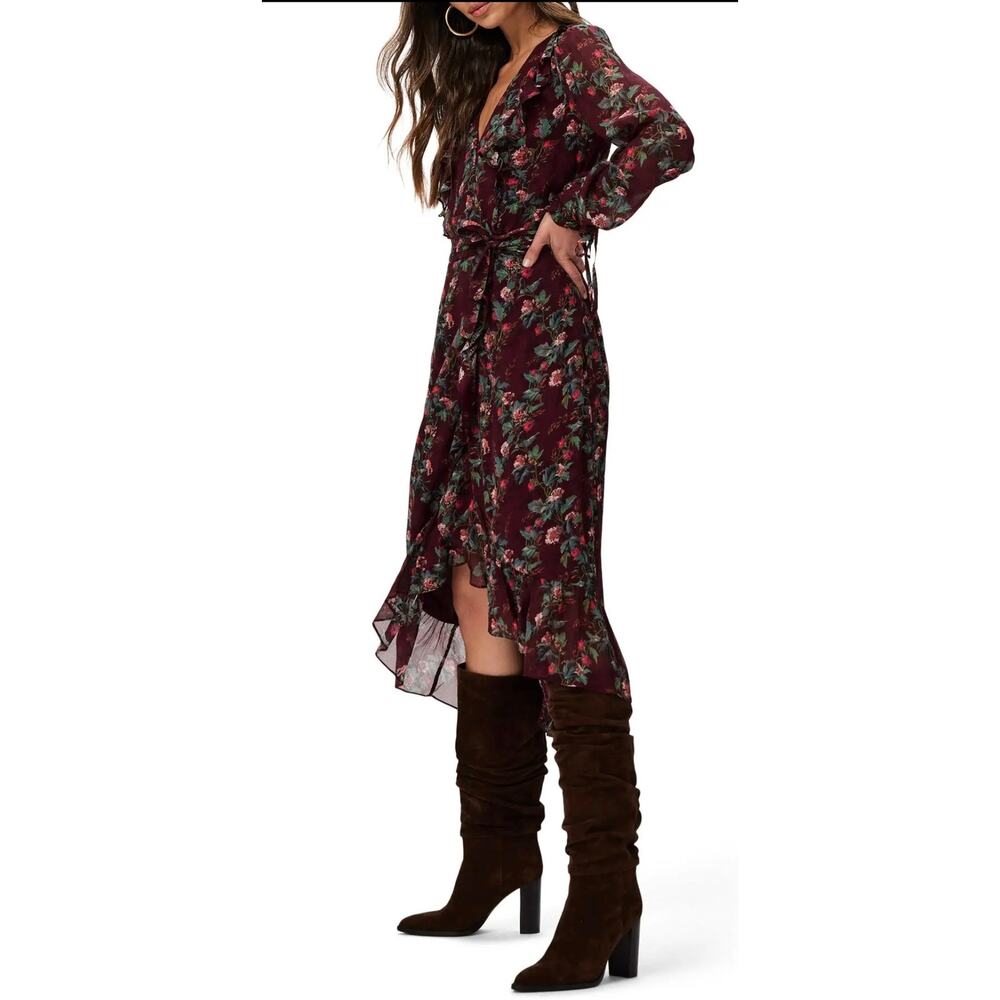 PAIGE Veranda Floral Print Silk long sleeve wrap Midi dress in Cherrywood. Sz S - Picture 3 of 8
